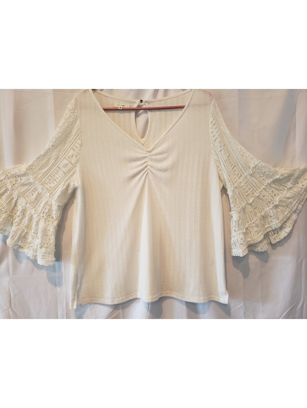 Maurices Women's Plus White Ribbed Lace Bell Sleeve Boho Blouse Size 1X
